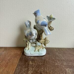 Vintage 7" Artmark Taiwan Porcelain‎ Glazed Pair Blue Jays Perched Figurine